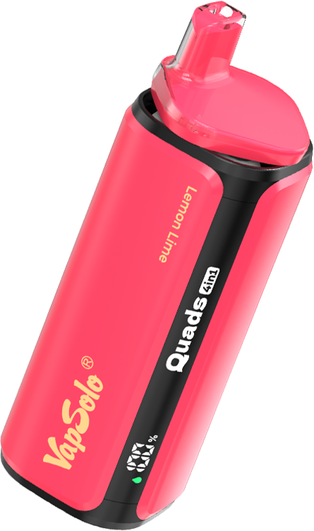 Pink Vapsolo Quads vape device with Lemon Lime flavor labeling and visible LED indicators.