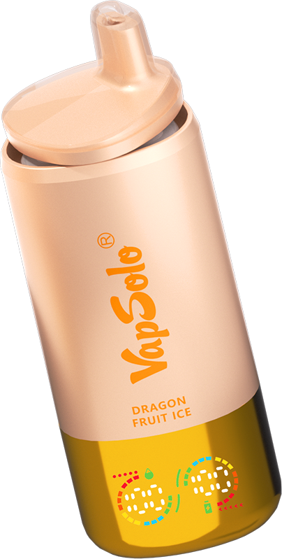 Peach and yellow VapSolo vape device featuring "Dragon Fruit Ice" flavor with decorative "202" text.