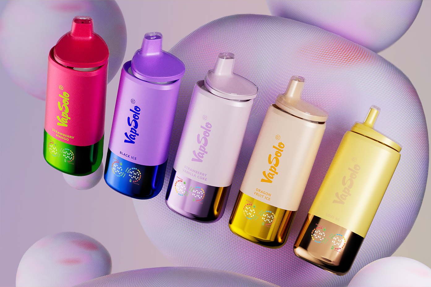 Five colorful VapSolo vape devices in various flavors including Strawberry Mango, Black Ice, Strawberry Vanilla Coke, Dragon Fruit Ice, and Love 66, displayed against a textured background.